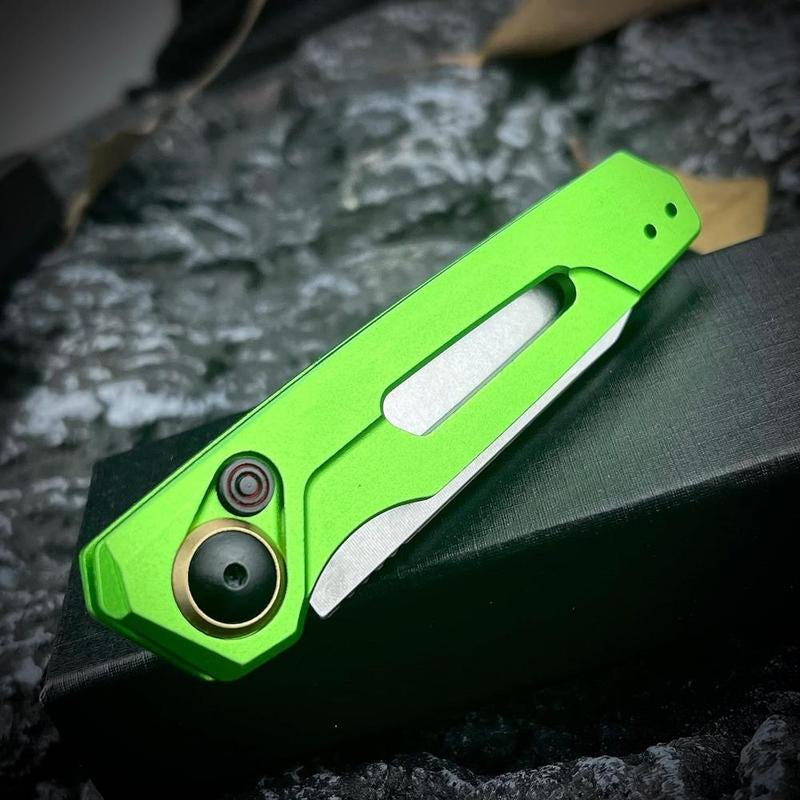 Assist Button Lock Knife, EDC Folding Pocket Knife for Men, Stonewashed Reverse Tanto Blade, Green Aluminum Handles Pocket Clip for Everyday Carry Outdoor Camping