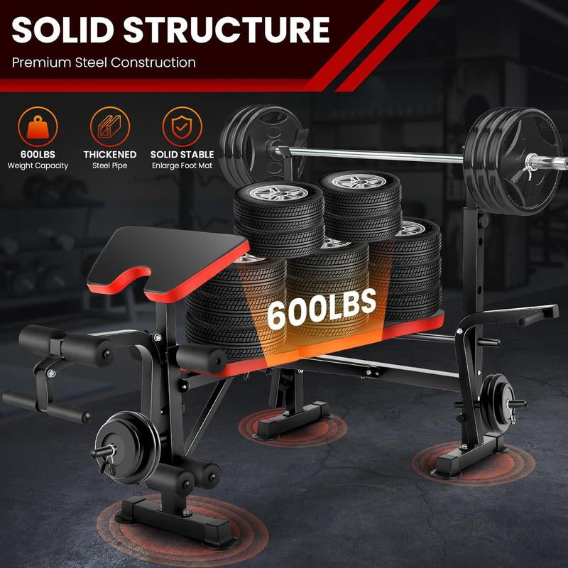 【Deals for You】600Lbs Adjustable Olympic Weight Bench Set with Preacher Curl & Leg Developer, Lifting Press Multifunctional Workout Station Incline Bench Press Full Body Workout