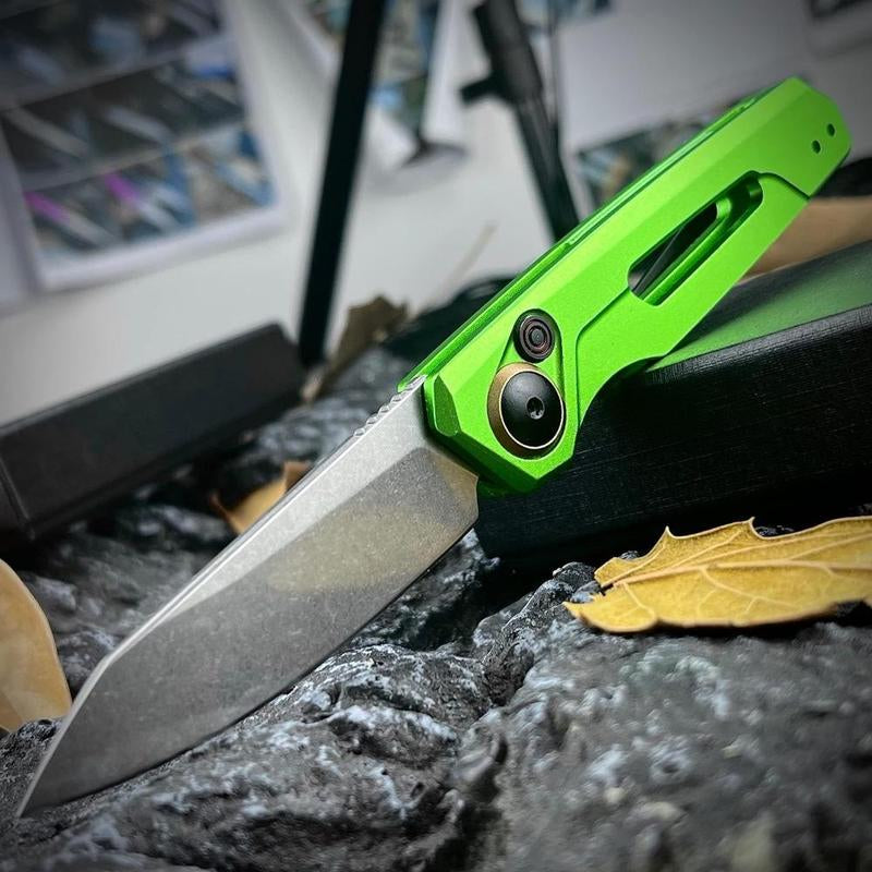 Assist Button Lock Knife, EDC Folding Pocket Knife for Men, Stonewashed Reverse Tanto Blade, Green Aluminum Handles Pocket Clip for Everyday Carry Outdoor Camping