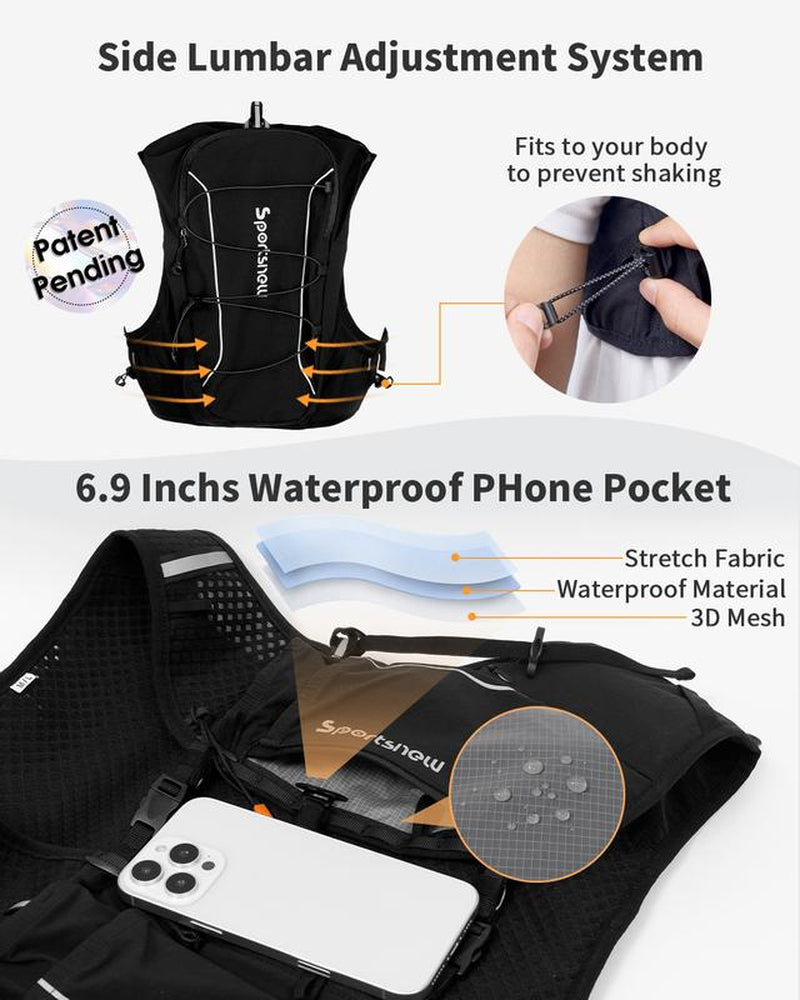 Sportsnew Running Vest for Women Men, Lightweight 10L Hydration Backpack with Waterproof Phone Pocket, 2L Water Bladder or 500Ml Soft Flasks, Breathable Pack for Hiking Trail Running Cycling Marathon Outdoor
