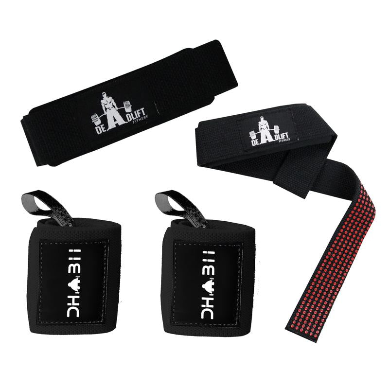 DHABII Premium Gym Lifting Straps and Wrist Wraps BUNDLE- 18" Wrist Wraps and 24" Straps for Weightlifting and Other Gym Workout, Gym Straps