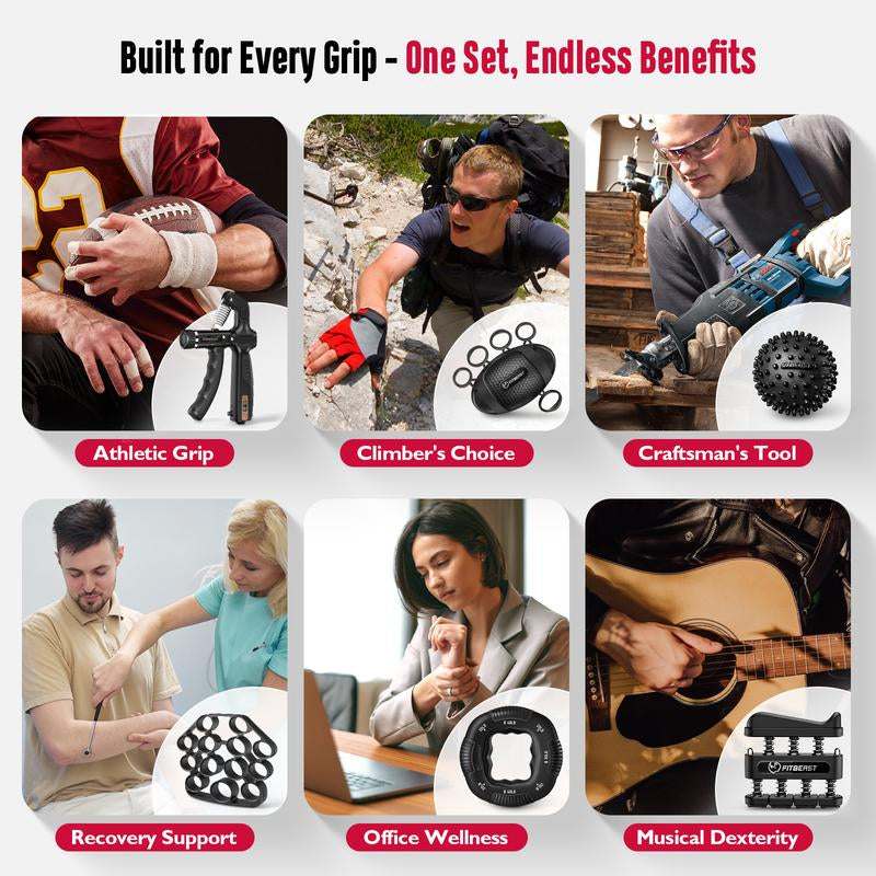 Fitbeast Grip Strength Trainer Kit, Pro Hand and Forearm Strengthener Kit - 6 Pack with Adjustable Resistance and Multi-Function Massage Balls for Hand Therapy, Grip Training, and Recovery