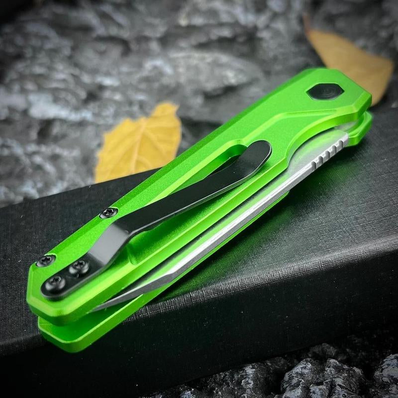 Assist Button Lock Knife, EDC Folding Pocket Knife for Men, Stonewashed Reverse Tanto Blade, Green Aluminum Handles Pocket Clip for Everyday Carry Outdoor Camping