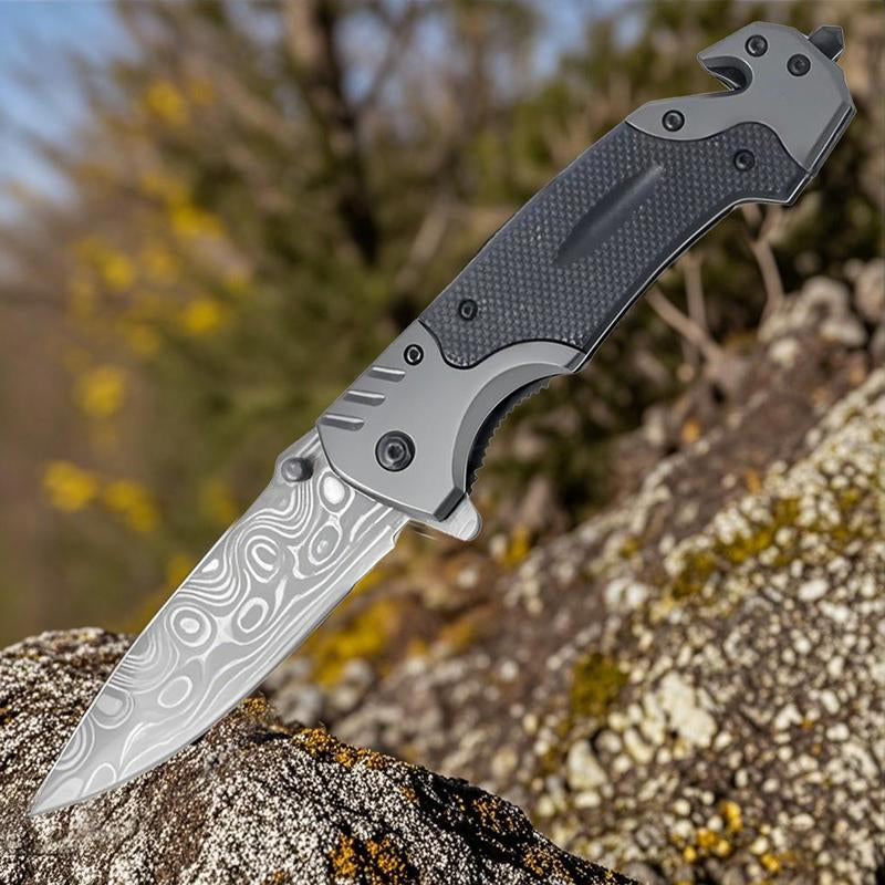 Tactical Folding Knife Damascus Steel Blade 3.5 Inch EDC Glass Breaker Seatbelt Cutter Outdoor Survival Camping Hiking Gift for Men