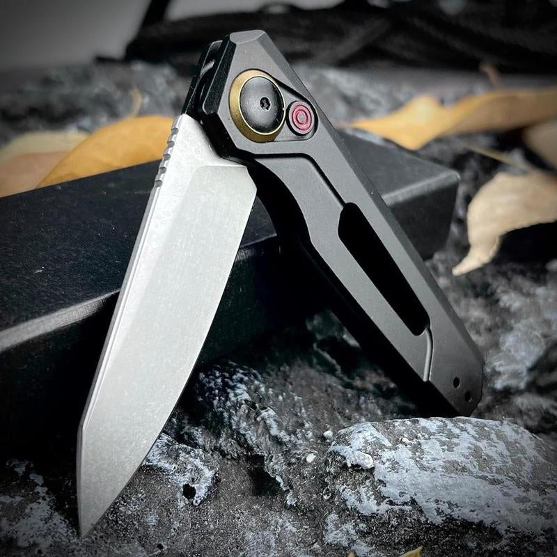 Assist Button Lock Knife, EDC Folding Pocket Knife for Men, Stonewashed Reverse Tanto Blade, Green Aluminum Handles Pocket Clip for Everyday Carry Outdoor Camping