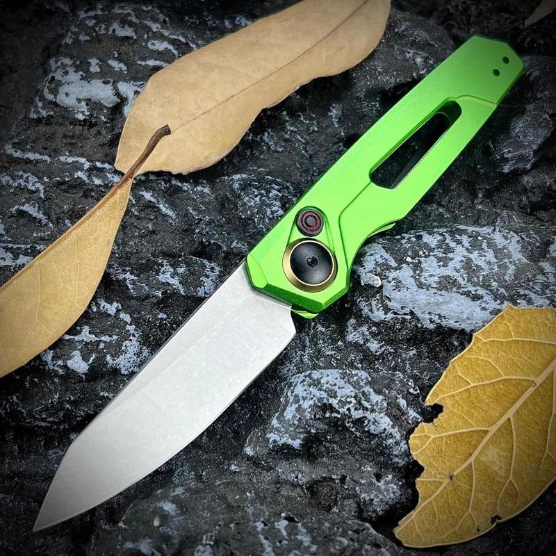 Assist Button Lock Knife, EDC Folding Pocket Knife for Men, Stonewashed Reverse Tanto Blade, Green Aluminum Handles Pocket Clip for Everyday Carry Outdoor Camping