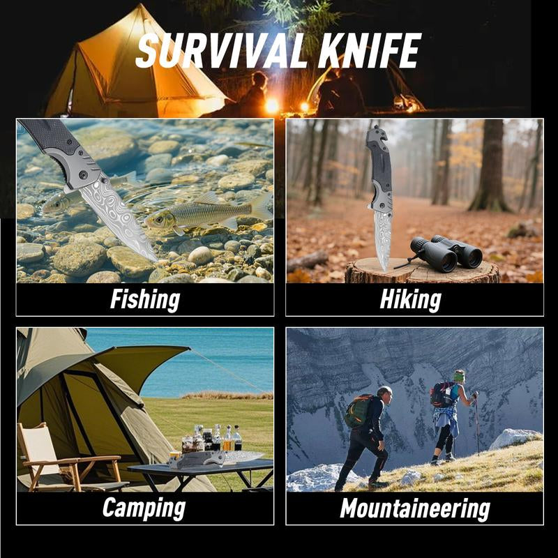 Tactical Folding Knife Damascus Steel Blade 3.5 Inch EDC Glass Breaker Seatbelt Cutter Outdoor Survival Camping Hiking Gift for Men