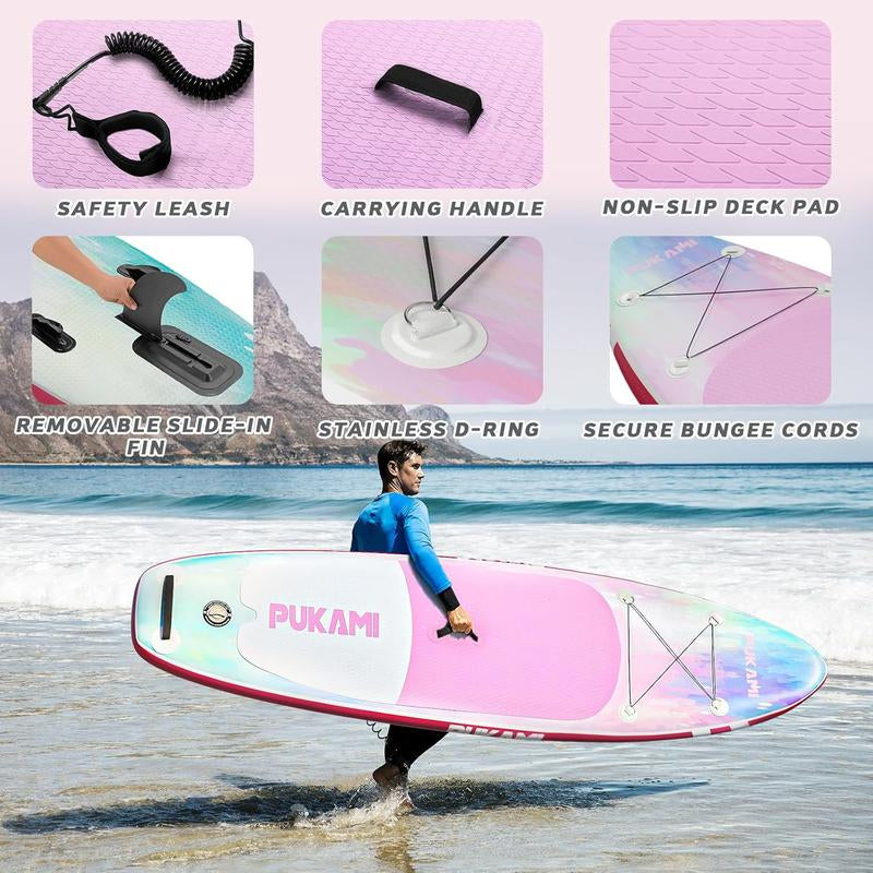 PUKAMI Inflatable Paddle Board for Adults,10.6' Stand up Paddle Board with Premium SUP Accessories & Carry Bag,Paddle,Pump,Leash,Wide Stable Design,Non-Slip Deck,Surf Control for Youth
