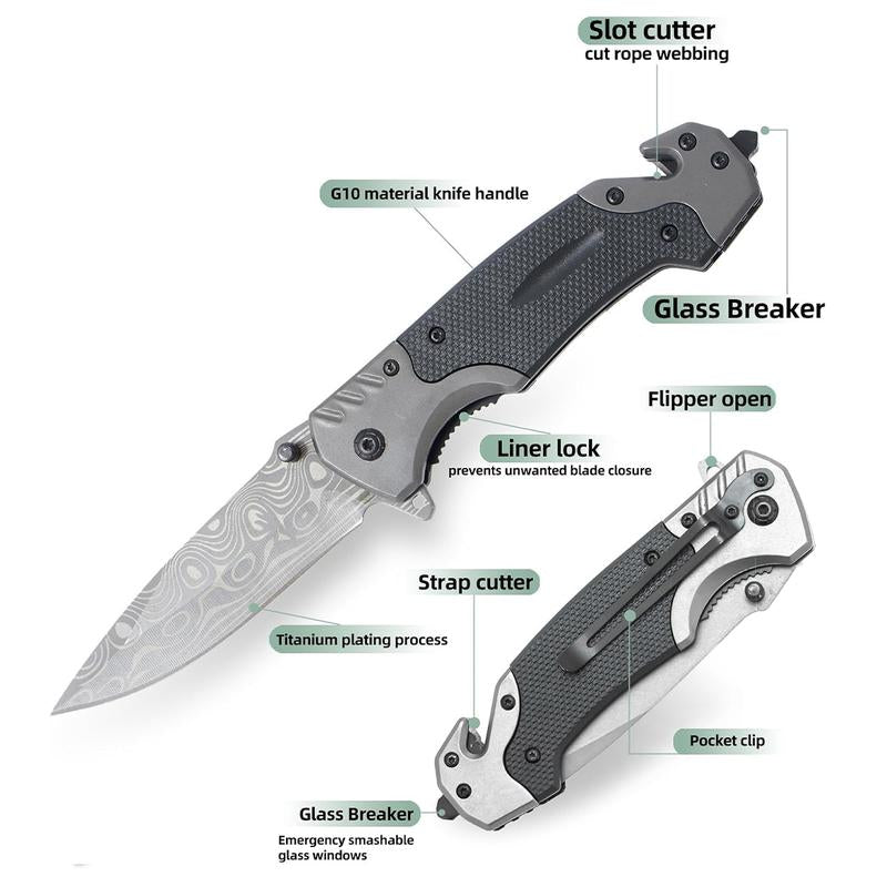 Tactical Folding Knife Damascus Steel Blade 3.5 Inch EDC Glass Breaker Seatbelt Cutter Outdoor Survival Camping Hiking Gift for Men