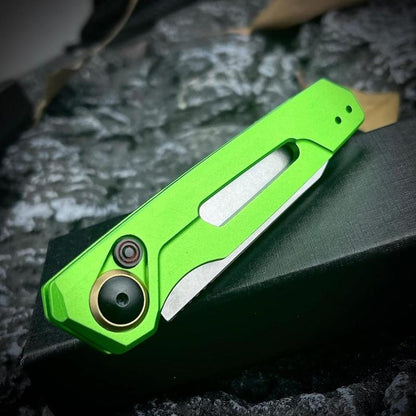 Assist Button Lock Knife, EDC Folding Pocket Knife for Men, Stonewashed Reverse Tanto Blade, Green Aluminum Handles Pocket Clip for Everyday Carry Outdoor Camping