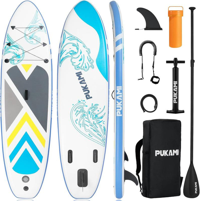 PUKAMI Inflatable Paddle Board for Adults,10.6' Stand up Paddle Board with Premium SUP Accessories & Carry Bag,Paddle,Pump,Leash,Wide Stable Design,Non-Slip Deck,Surf Control for Youth