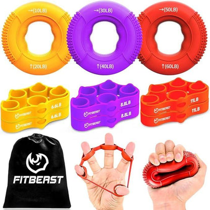 Fitbeast Grip Strength Trainer, Finger Exerciser, Forearm Strengthener 9-Piece Kit, Hand Grip Strengthener Targeted Strength