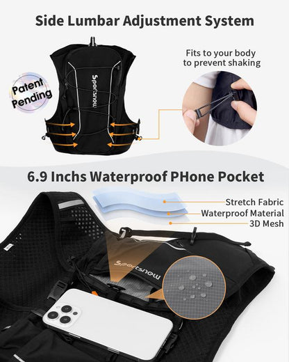 Sportsnew Running Vest for Women Men, Lightweight 10L Hydration Backpack with Waterproof Phone Pocket, 2L Water Bladder or 500Ml Soft Flasks, Breathable Pack for Hiking Trail Running Cycling Marathon Outdoor