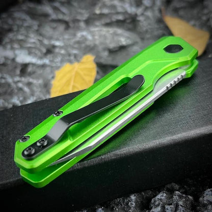 Assist Button Lock Knife, EDC Folding Pocket Knife for Men, Stonewashed Reverse Tanto Blade, Green Aluminum Handles Pocket Clip for Everyday Carry Outdoor Camping