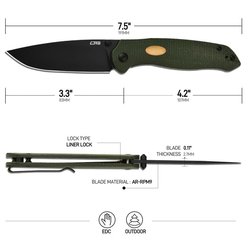 CJRB Aes Camping Folding Knife, Pocket Knife with 3.3"AR-RPM9 Steel Blade Mircarta Handle, EDC Knives for Camping, Survival and Fathersdaygift