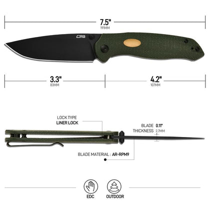 CJRB Aes Camping Folding Knife, Pocket Knife with 3.3"AR-RPM9 Steel Blade Mircarta Handle, EDC Knives for Camping, Survival and Fathersdaygift