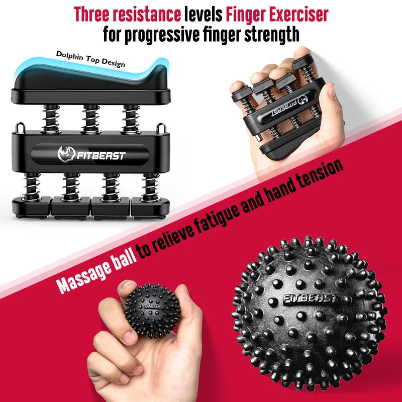 Fitbeast Grip Strength Trainer Kit, Pro Hand and Forearm Strengthener Kit - 6 Pack with Adjustable Resistance and Multi-Function Massage Balls for Hand Therapy, Grip Training, and Recovery