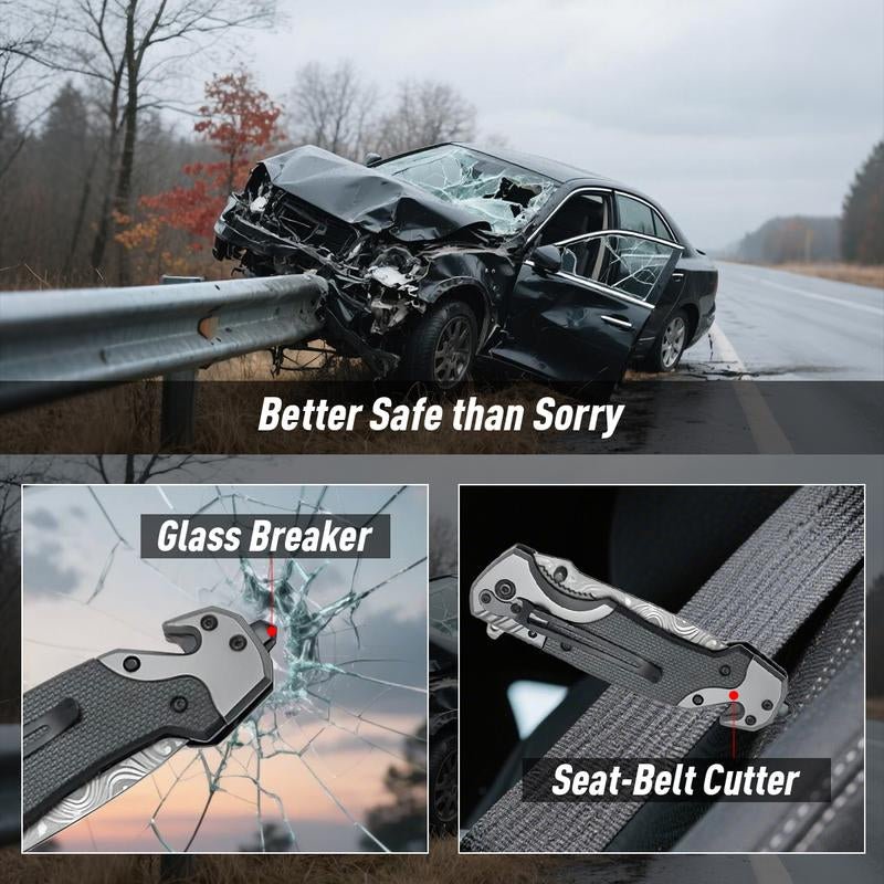 Tactical Folding Knife Damascus Steel Blade 3.5 Inch EDC Glass Breaker Seatbelt Cutter Outdoor Survival Camping Hiking Gift for Men