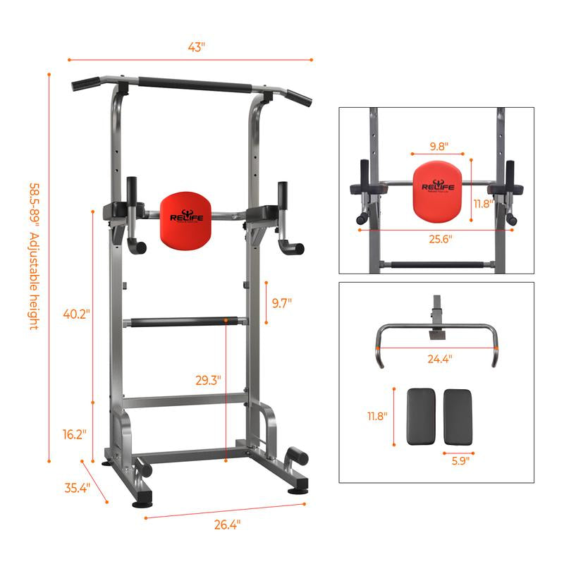 Relifesports Adjustable Power Tower Workout Station Dip Station Pull up Leg Press for Home Gym Strength Training Fitness Equipment 450LBS