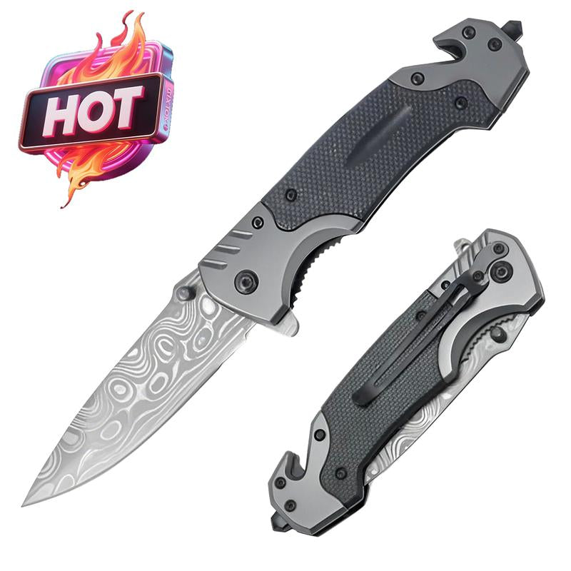 Tactical Folding Knife Damascus Steel Blade 3.5 Inch EDC Glass Breaker Seatbelt Cutter Outdoor Survival Camping Hiking Gift for Men