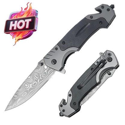 Tactical Folding Knife Damascus Steel Blade 3.5 Inch EDC Glass Breaker Seatbelt Cutter Outdoor Survival Camping Hiking Gift for Men