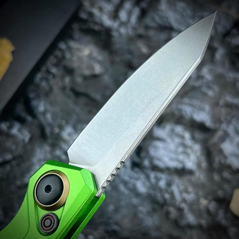 Assist Button Lock Knife, EDC Folding Pocket Knife for Men, Stonewashed Reverse Tanto Blade, Green Aluminum Handles Pocket Clip for Everyday Carry Outdoor Camping