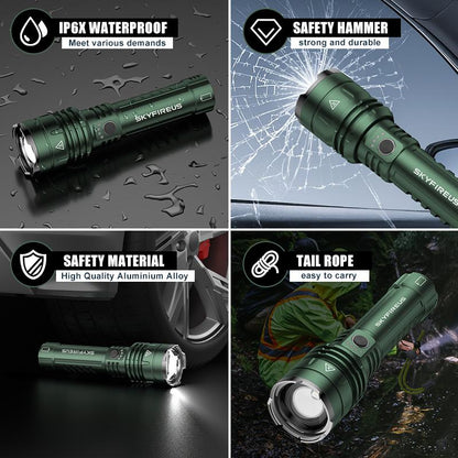 SKYFIRE 1376 LED Flashlight High Lumen Brightness, with Fire-Gathering Lens, Ultra-Bright and Rechargeable, Zoomable, Five Lighting Modes, Essential for Camping, Suitable for Outdoor and Home Use