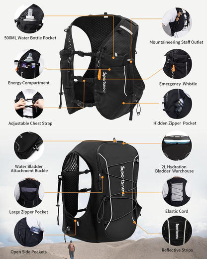 Sportsnew Running Vest for Women Men, Lightweight 10L Hydration Backpack with Waterproof Phone Pocket, 2L Water Bladder or 500Ml Soft Flasks, Breathable Pack for Hiking Trail Running Cycling Marathon Outdoor