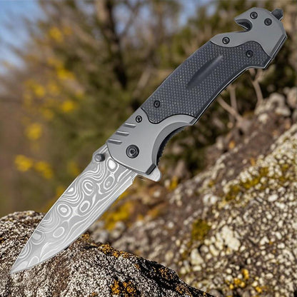 Tactical Folding Knife Damascus Steel Blade 3.5 Inch EDC Glass Breaker Seatbelt Cutter Outdoor Survival Camping Hiking Gift for Men