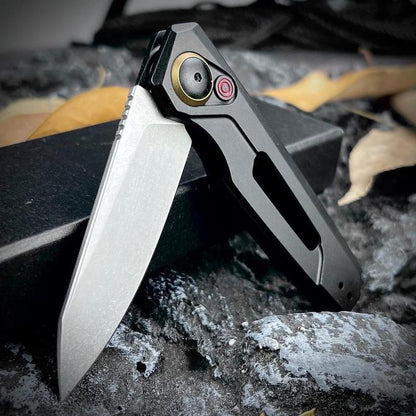 Assist Button Lock Knife, EDC Folding Pocket Knife for Men, Stonewashed Reverse Tanto Blade, Green Aluminum Handles Pocket Clip for Everyday Carry Outdoor Camping