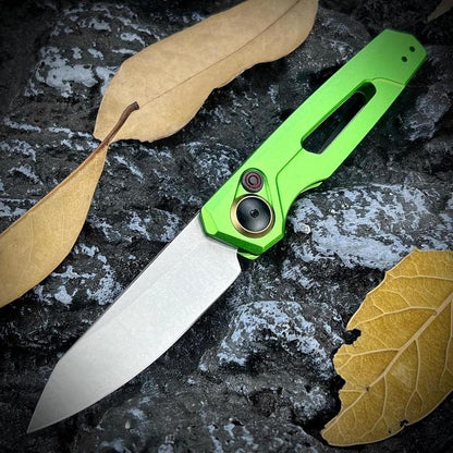 Assist Button Lock Knife, EDC Folding Pocket Knife for Men, Stonewashed Reverse Tanto Blade, Green Aluminum Handles Pocket Clip for Everyday Carry Outdoor Camping