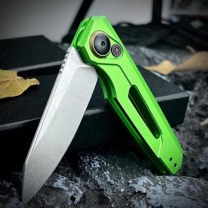 Assist Button Lock Knife, EDC Folding Pocket Knife for Men, Stonewashed Reverse Tanto Blade, Green Aluminum Handles Pocket Clip for Everyday Carry Outdoor Camping