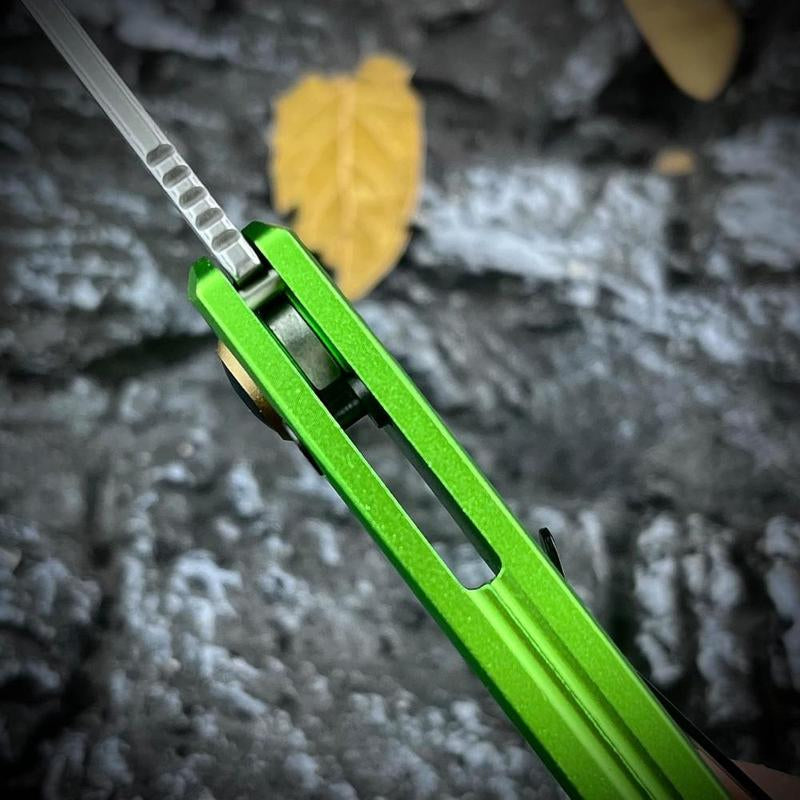 Assist Button Lock Knife, EDC Folding Pocket Knife for Men, Stonewashed Reverse Tanto Blade, Green Aluminum Handles Pocket Clip for Everyday Carry Outdoor Camping