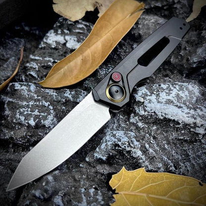 Assist Button Lock Knife, EDC Folding Pocket Knife for Men, Stonewashed Reverse Tanto Blade, Green Aluminum Handles Pocket Clip for Everyday Carry Outdoor Camping