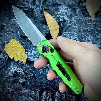 Assist Button Lock Knife, EDC Folding Pocket Knife for Men, Stonewashed Reverse Tanto Blade, Green Aluminum Handles Pocket Clip for Everyday Carry Outdoor Camping